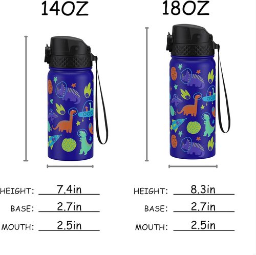 GOPPUS Kids Water Bottle - 18oz Vacuum Insulated Stainless Steel Tumbler | Blue Space Dinosaur Design