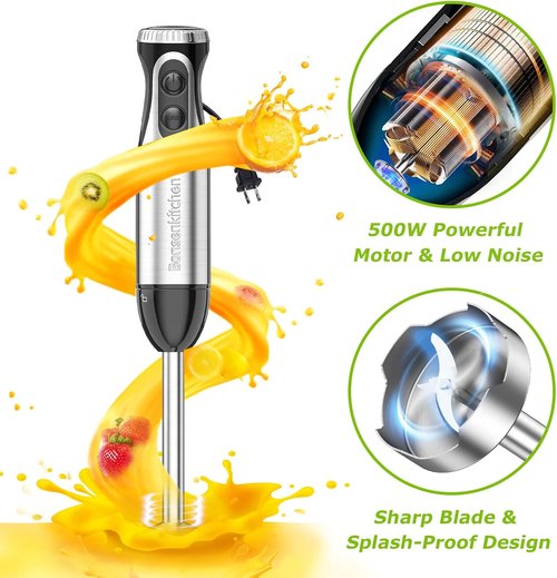 Bonsenkitchen Immersion Blender - 20-Speed Handheld Mixer with Turbo Mode & Stainless Steel Blade | Includes Whisk, Beaker & Chopper Bowl