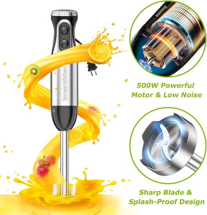 Bonsenkitchen Immersion Blender - 20-Speed Handheld Mixer with Turbo Mode & Stainless Steel Blade | Includes Whisk, Beaker & Chopper Bowl