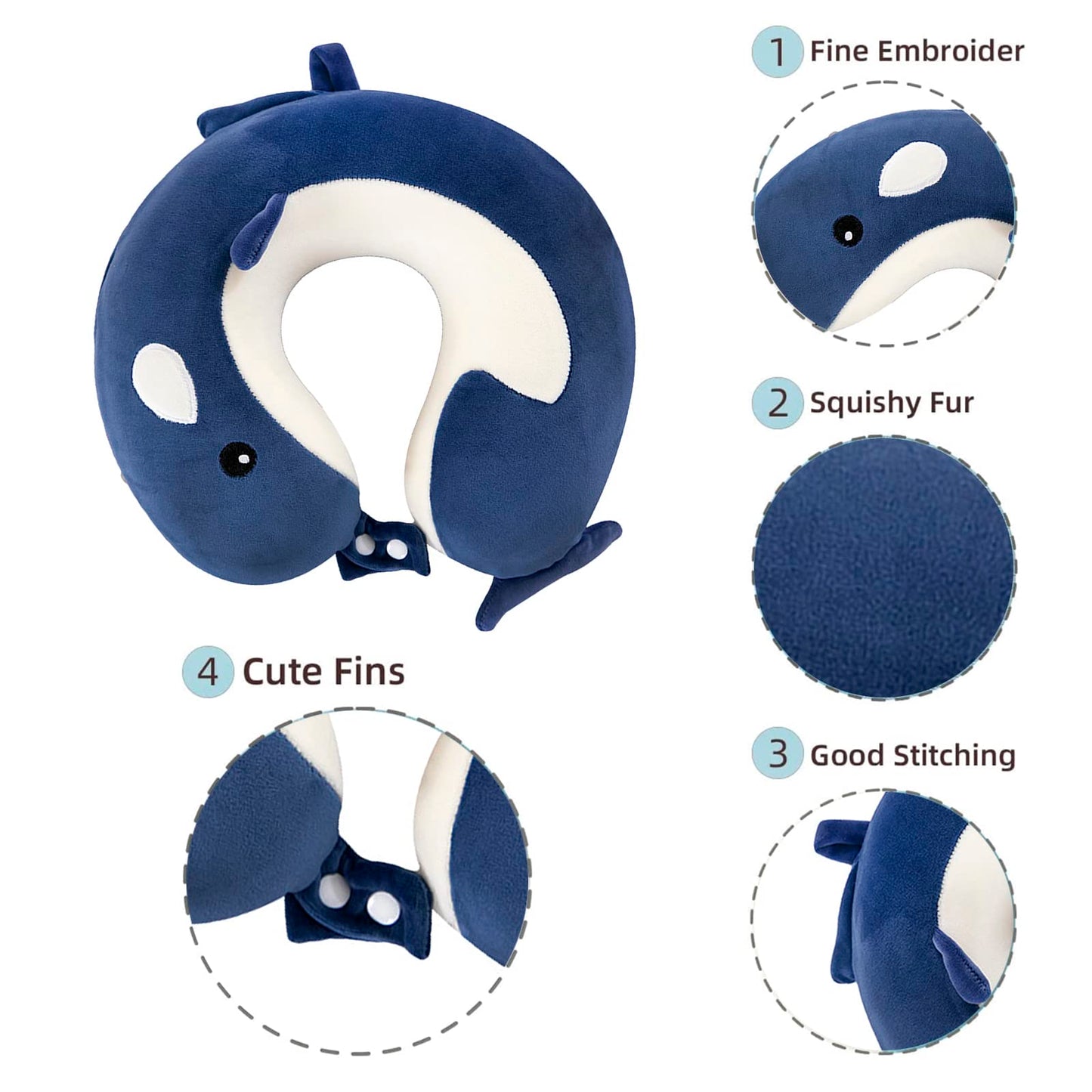 Travel Pillow Memory Foam Head Support Pillows Animal U Shaped Neck Pillow Attachable Snap for Sleeping Car Travel Home Office (Dark Blue-Dolphin)