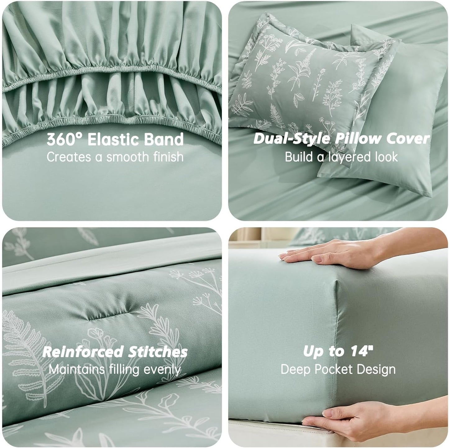 MUXHOMO Queen Comforter Set - 7-Piece Sage Green Bedding with Reversible Botanical Design & Ultra Soft Fabric