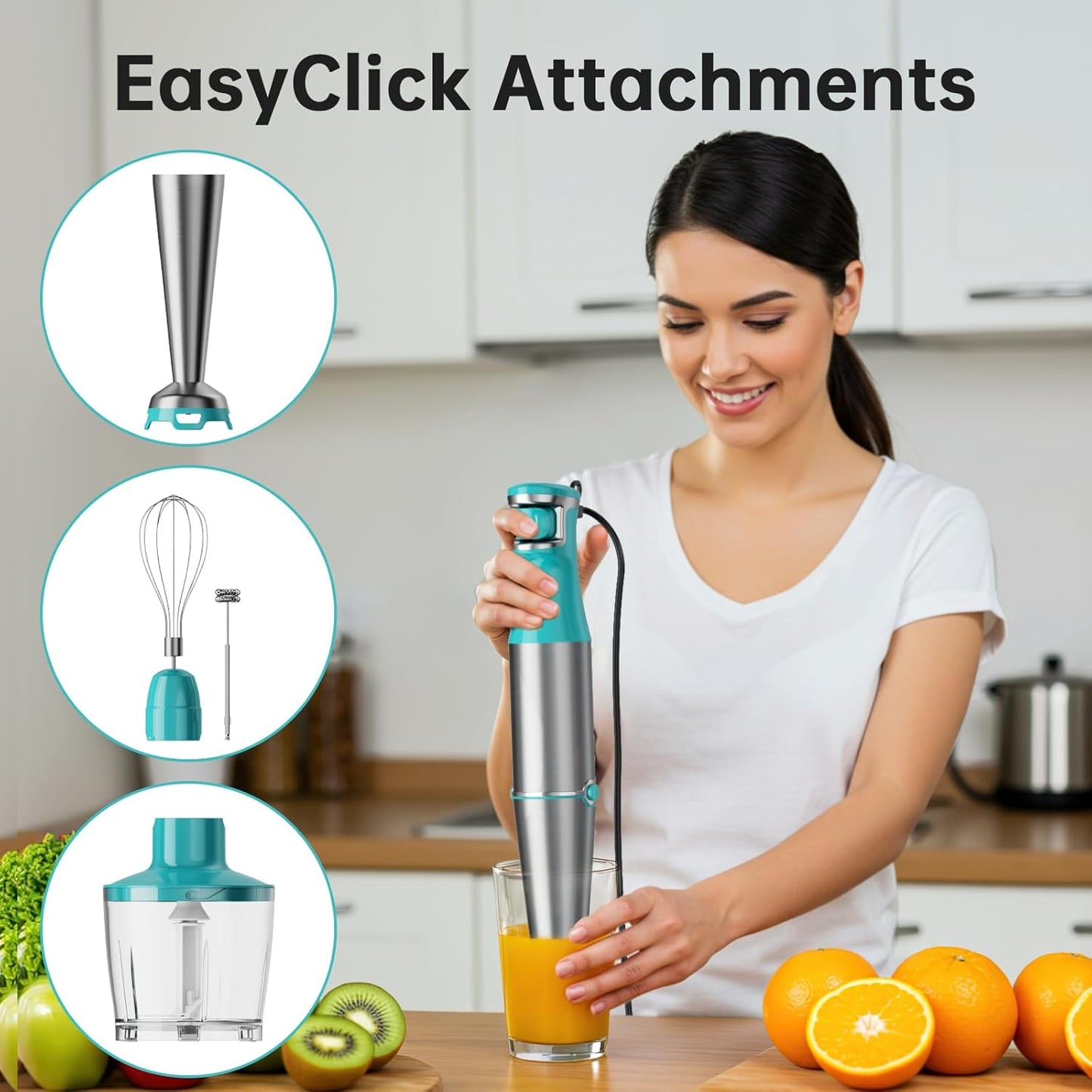 Skiennix Immersion Blender - 1100W Handheld Stick Mixer with Variable Speed, Chopper, Whisk & Frother - Cyan Blue