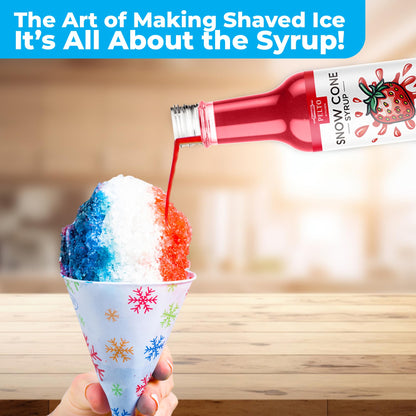 Snow Cone Machine set with 3 Flavors, 25 Cone Cups, 25 Straws, 4 Ice Molds - Strawberry, Blue Raspberry, Grape - Hawaiin Slushie Flavors - Electric Shaved Ice Maker Kit for Kids Birthday Gift Party