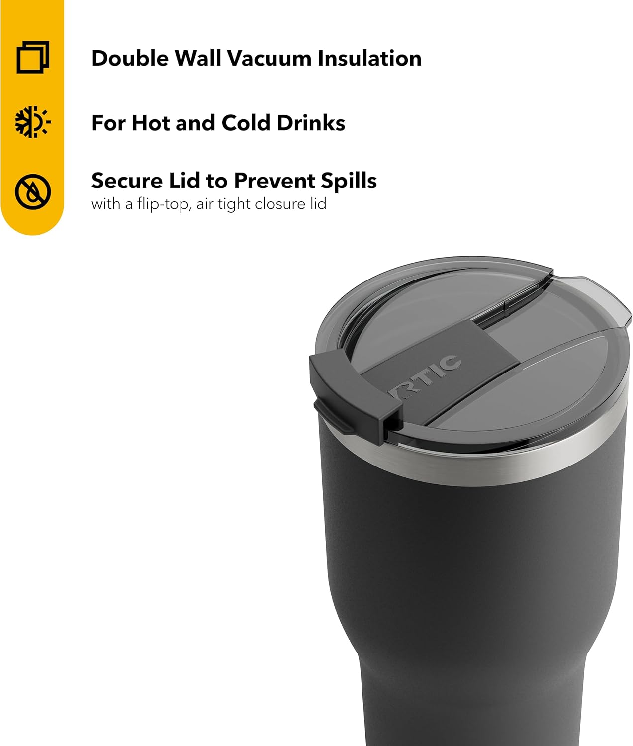 RTIC 30 oz Insulated Tumbler - Stainless Steel Travel Mug with Spill-Proof Lid | Black, Hot & Cold Beverages