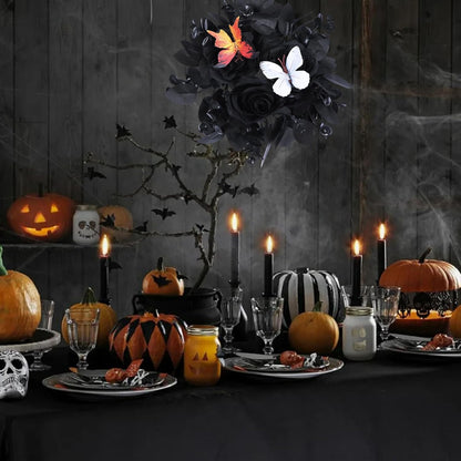 Regine Switzerland Gothic Rose Candle Ring Wreath - Black Floral with Butterfly & Artificial Leaves for Home Decor