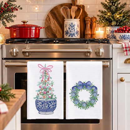 Chinoiserie Christmas Kitchen Towels, 16x24 in, Set of 2 with Blue Bow – Holiday Hand Towels
