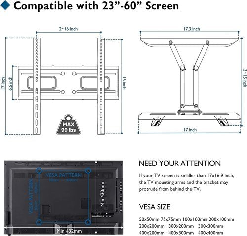 BONTEC Full Motion TV Wall Mount - Fits 23-70 Inch TVs, Holds Up to 99 lbs, Adjustable Viewing Angle