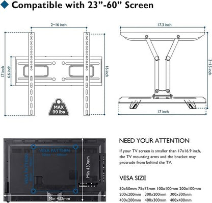 BONTEC Full Motion TV Wall Mount - Fits 23-70 Inch TVs, Holds Up to 99 lbs, Adjustable Viewing Angle