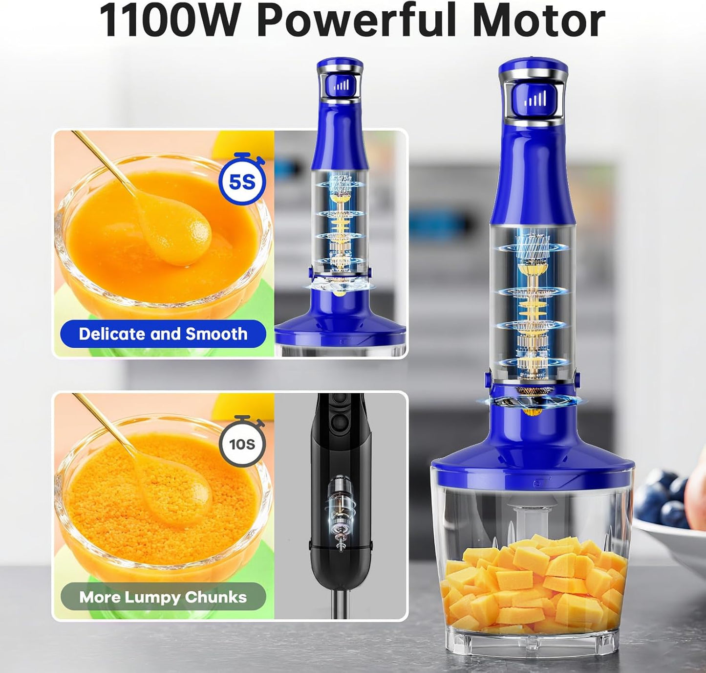 Royal Blue Immersion Blender - 1100W Handheld Stick Blender Set with Variable Speed, Chopper, Whisk & Frother