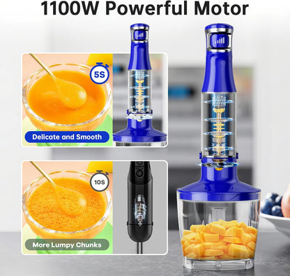 Royal Blue Immersion Blender - 1100W Handheld Stick Blender Set with Variable Speed, Chopper, Whisk & Frother