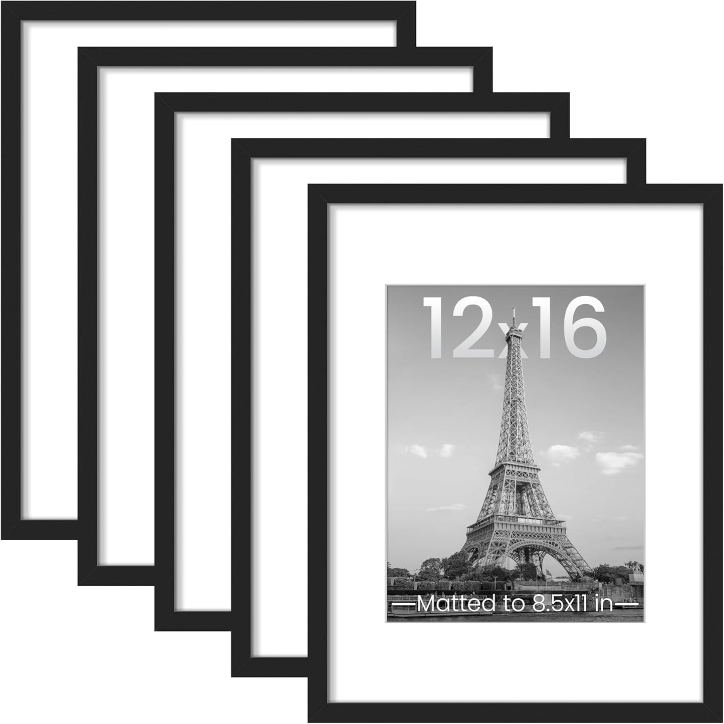 Upsimples 12x16 Picture Frame Set of 5 - Versatile Wall Gallery Frames for 8.5x11 or 12x16 Photos - Black