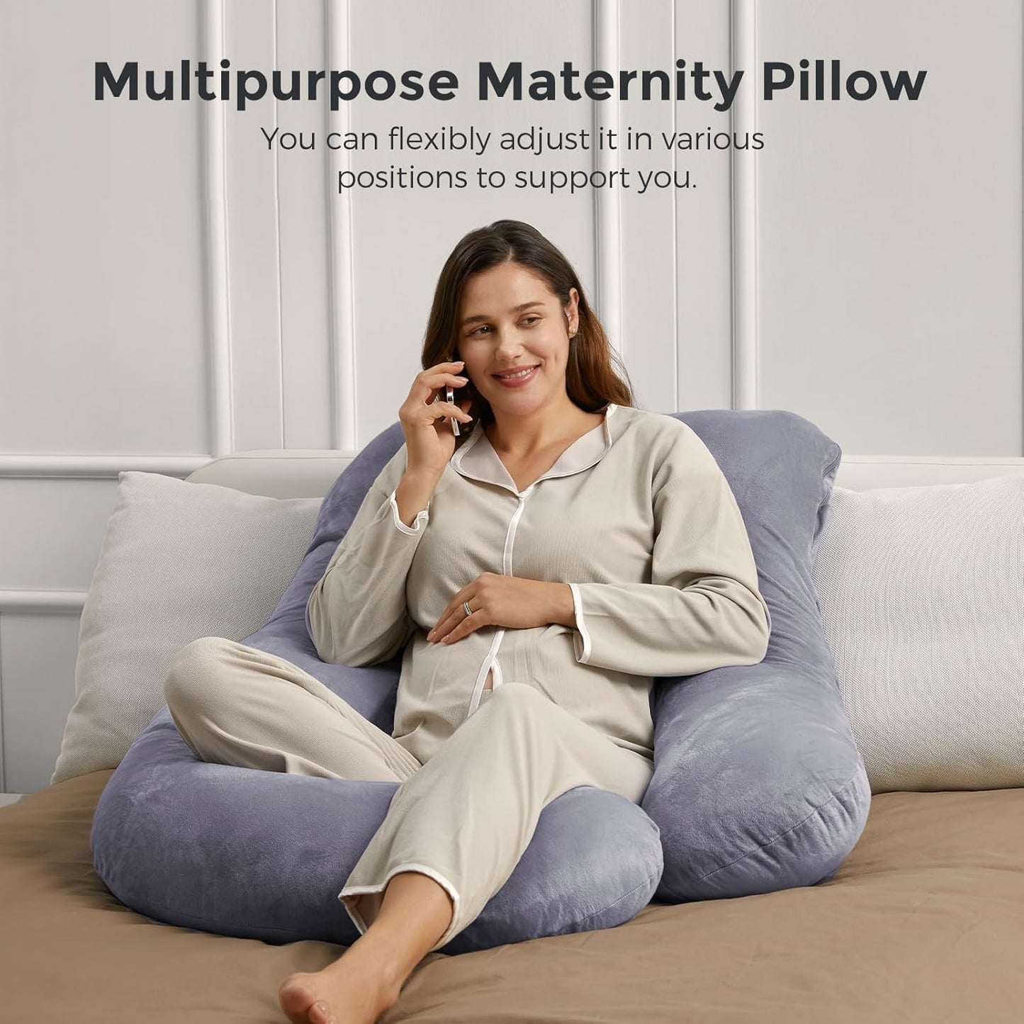 Momcozy U-Shaped Pregnancy Pillow - Full Body Support for Back, Legs & Belly | 57 Inch, Grey