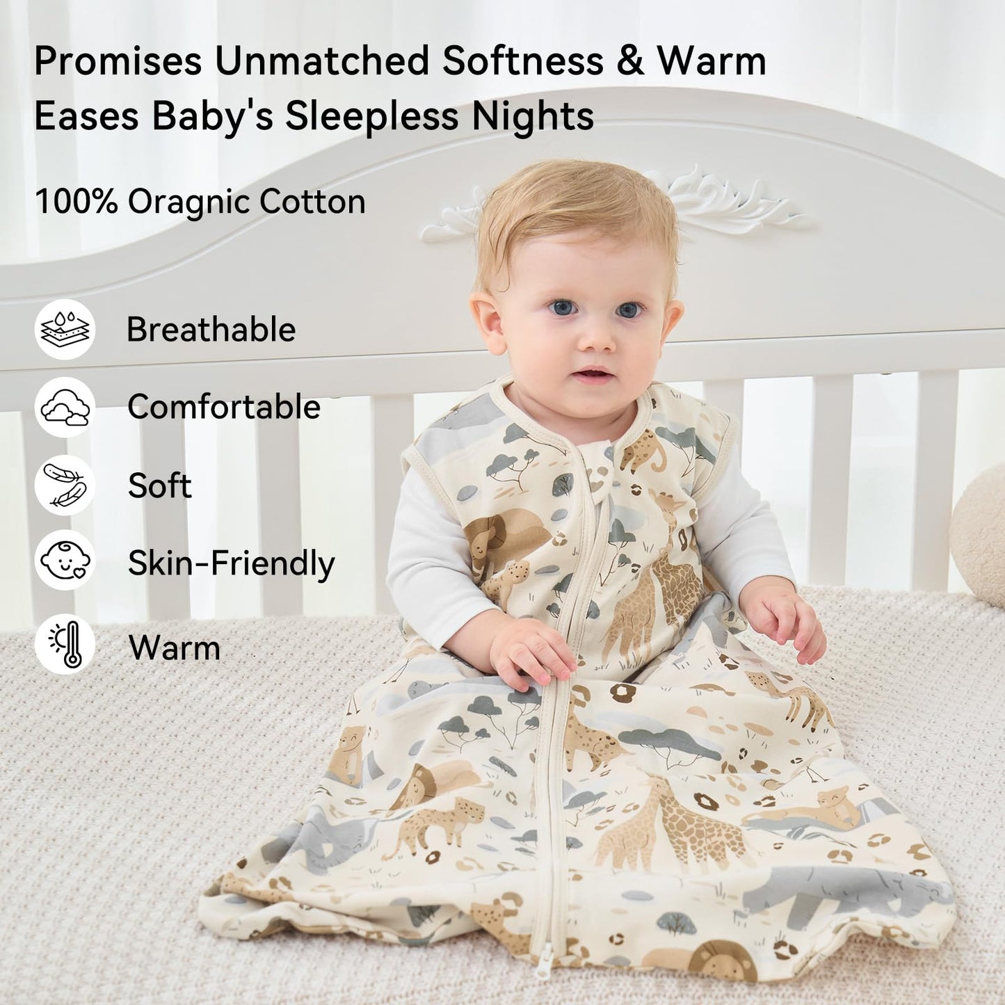 Unnivoll Baby Sleep Sack 6-12 Months 1.0 Tog Baby Wearable Blanket 100% Cotton Sleeping Sack with 2-Way Zipper for Infant Newborn Apricot & Gray Elephant