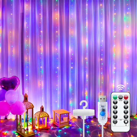 Minetom 300 LED Curtain Lights - Dimmable Fairy Lights with Remote & Timer | USB Powered Multicolor Decor