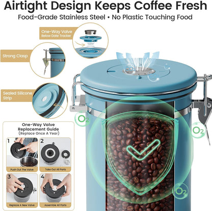 Veken Coffee Canister - Airtight Stainless Steel Container with Window | 22oz Blue for Grounds & Beans