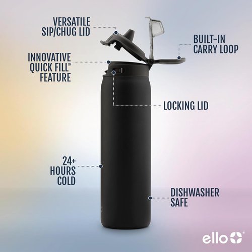 Ello Insulated Stainless Steel Water Bottle - Quick Fill Lid, Leakproof Design, BPA-Free | 22oz, 32oz, 40oz
