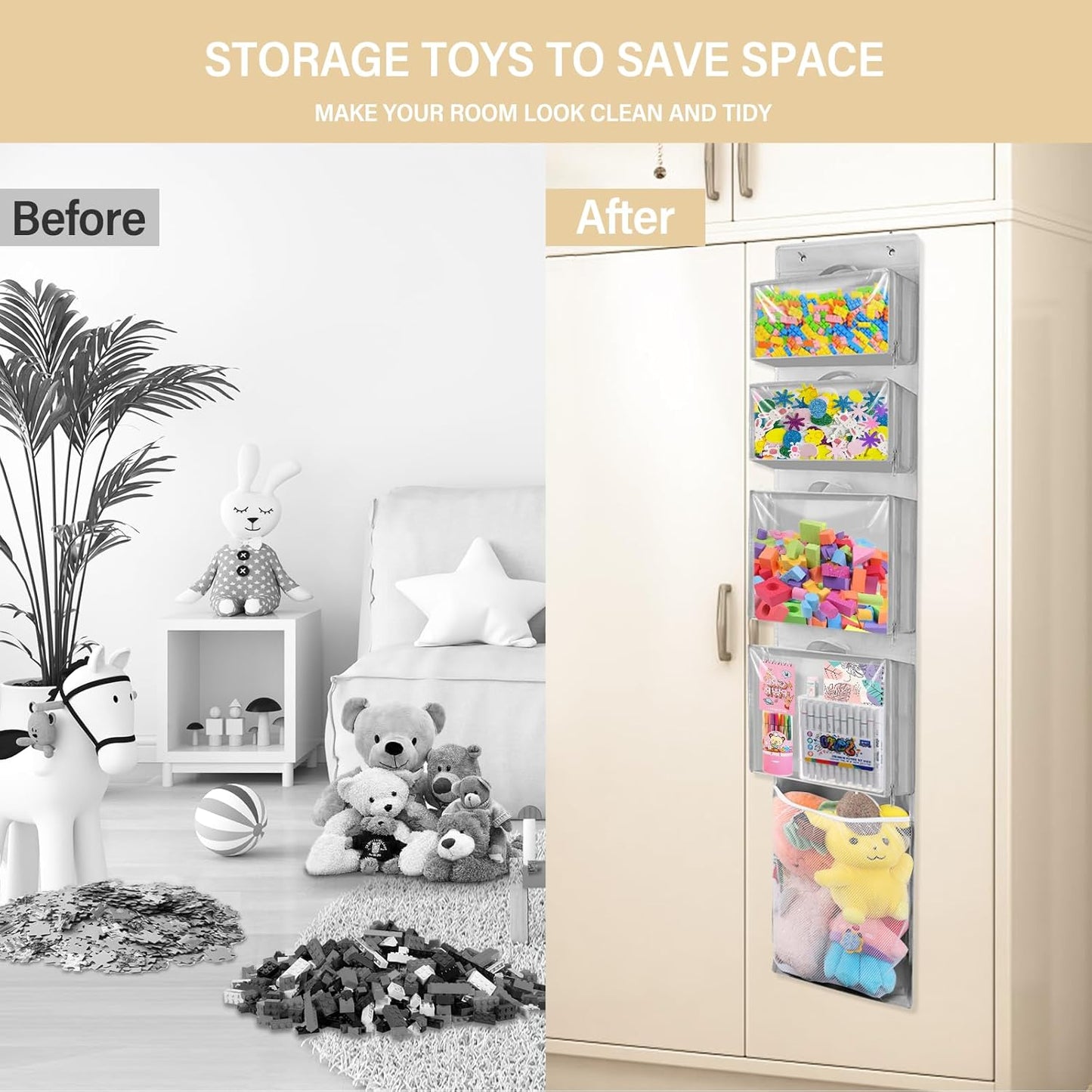 Woodoulogy Hanging Toy Storage - Over Door Stuffed Animal Organizer with 4 Removable Bags & Mesh Pocket