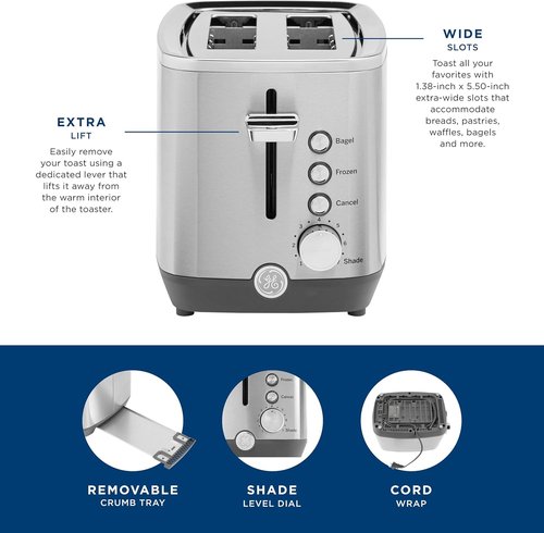 GE 2-Slice Stainless Steel Toaster - Extra Wide Slots for Bagels & Waffles | 7 Shade Settings, Removable Crumb Tray
