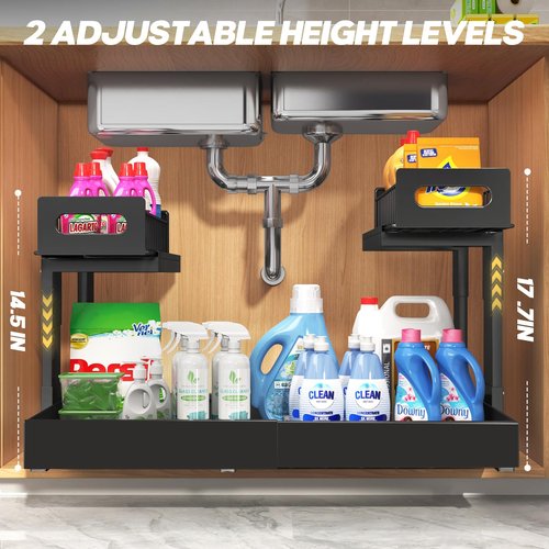 1 Pack Expandable Under Sink Organizers And Storage With Upgrade Professional Rails,2-Tier Pull Out Under Cabinet Organizer Height Adjustable,Slide Out Under Sink Drawers For Kitchen Bathroom-White