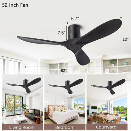 ducrew 52” Flush Mount Ceiling Fans No Lights and Remote/APP Control, 6 Speed DC Motor, Low Profile Ceiling Fan Without Light for Bedroom, Hallway,Indoor/Outdoor(Matte Black)