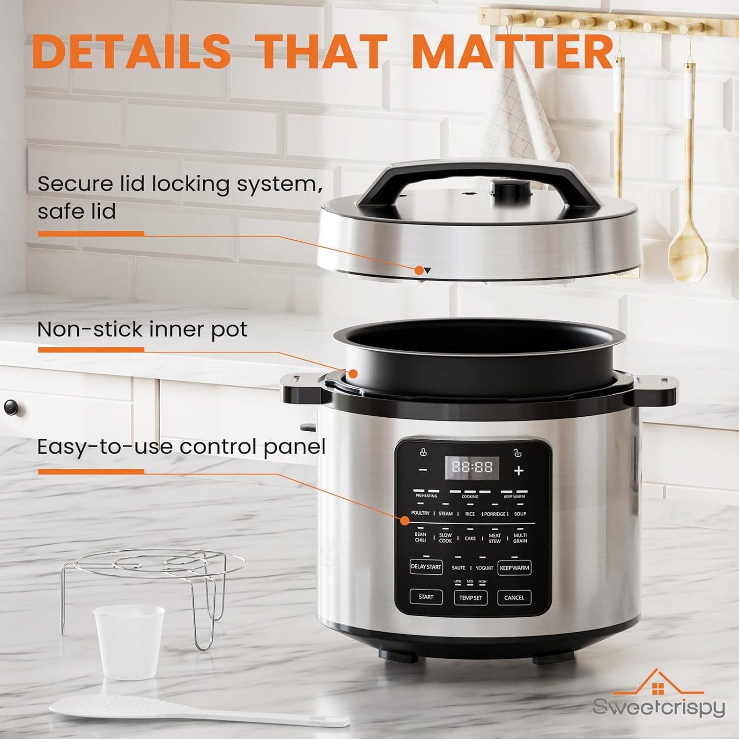 Sweetcrispy 6 QT Electric Pressure Cooker - 12-in-1 Multi-Function Digital Cooker | Stainless Steel Silver