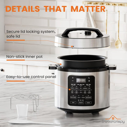 Sweetcrispy 6 QT Electric Pressure Cooker - 12-in-1 Multi-Function Digital Cooker | Stainless Steel Silver