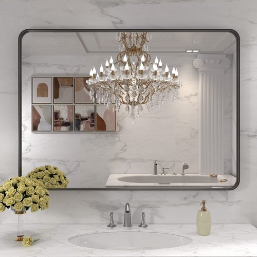 LOAAO 40X30 Inch Black Metal Framed Bathroom Mirror for Wall, Matte Black Bathroom Vanity Mirror Farmhouse, Large Rounded Rectangle Mirror, Anti-Rust, Tempered Glass, Hangs Horizontally or Vertically