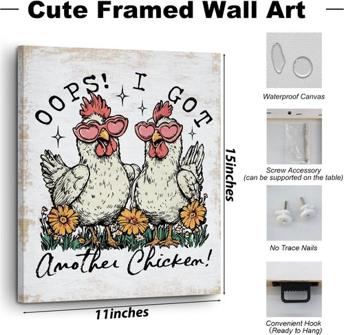 Funny Farm Animal | Chicken Decor Canvas Wall Art - Cute Floral Hen Framed Print for Home & Kitchen, 11.4x15 IN