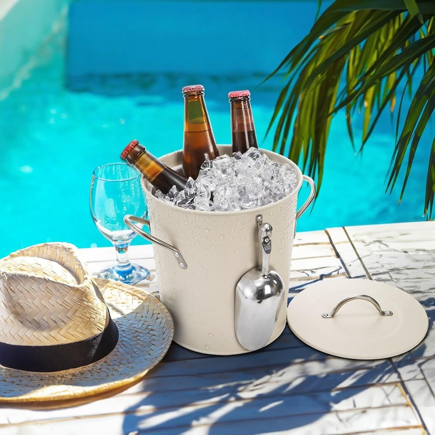 YOUEON 4L Ice Bucket with Scoop and Lid, Double Walled Insulated Wine Bucket Chiller with Carry Handles, Beverage Tub for Cocktail Party, Camping, BBQ, Indoor & Outdoor Use, White