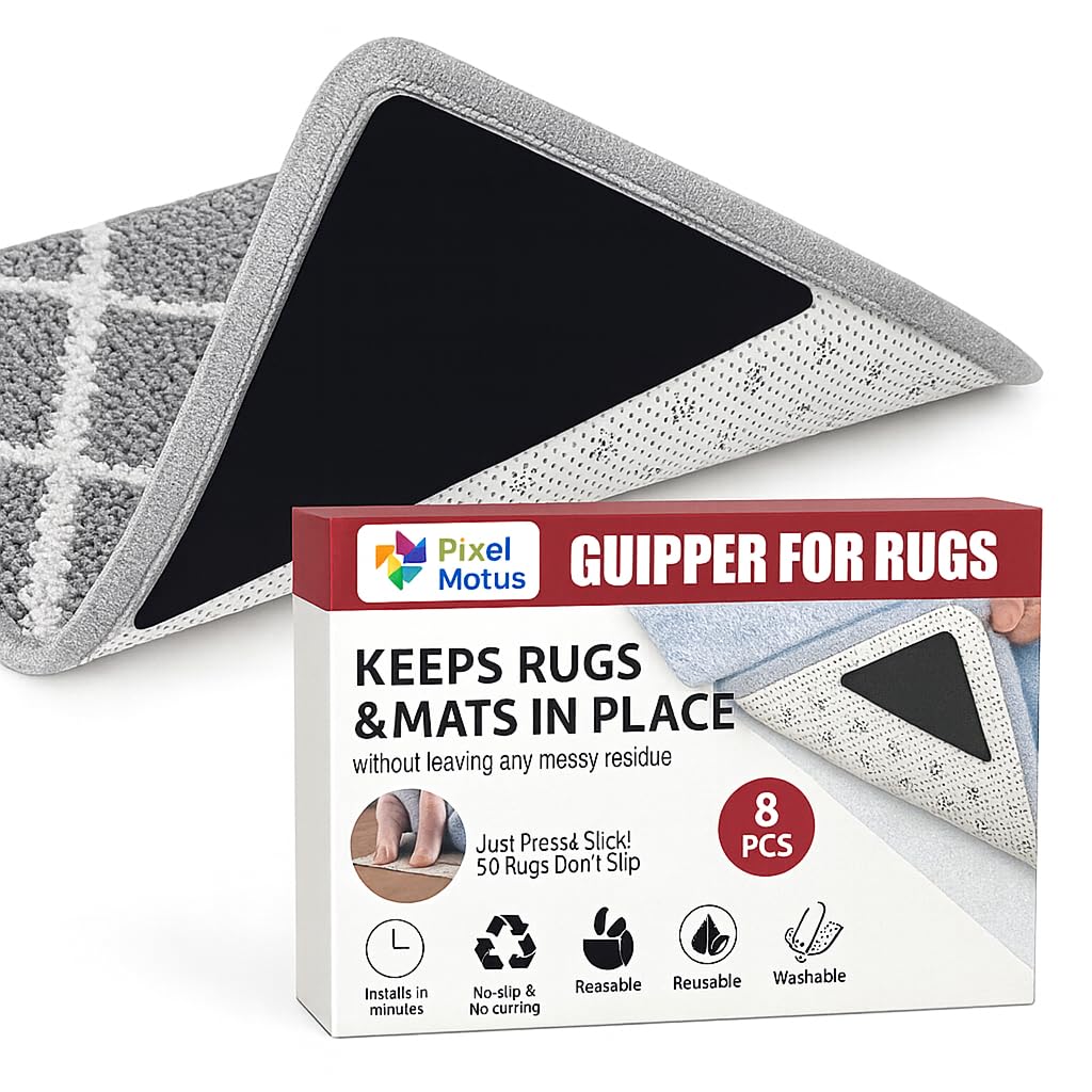 Rug Tape Grippers for Hardwood Floors, 8 Pcs Non Slip Double Sided Rug Pads – Reusable Washable Carpet Grippers, No Residue Removable Corner Holders for Area Rugs, Tile, Laminate, Vinyl, Marble