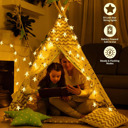 Star String Lights - 50 LED Twinkle Lights | 17 ft Battery Operated Fairy Lights for Kids' Bedroom & Wedding Decor, Warm White