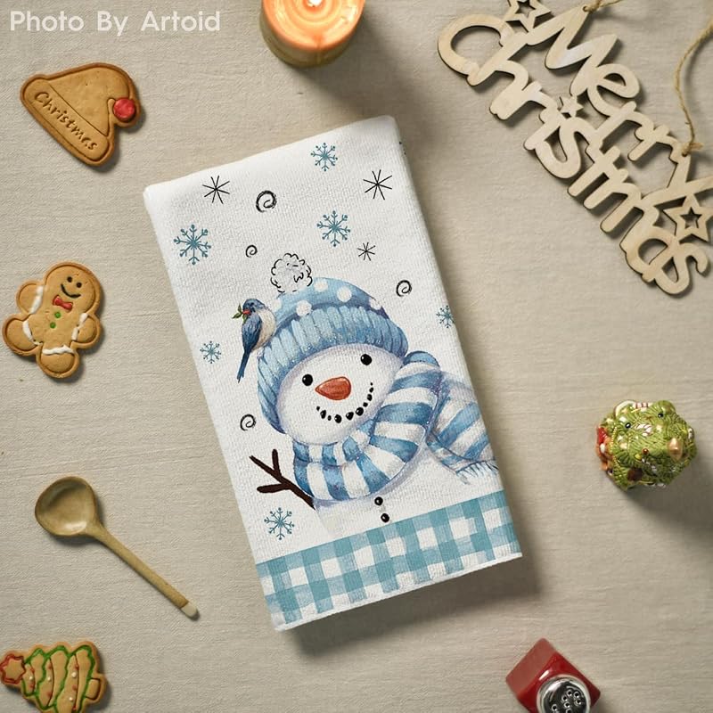 Artoid Mode Blue Beige Snowman Christmas Kitchen Towels, Set of 2 18x26 Inches