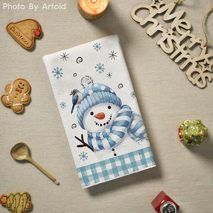 Artoid Mode Blue Beige Snowman Christmas Kitchen Towels, Set of 2 18x26 Inches