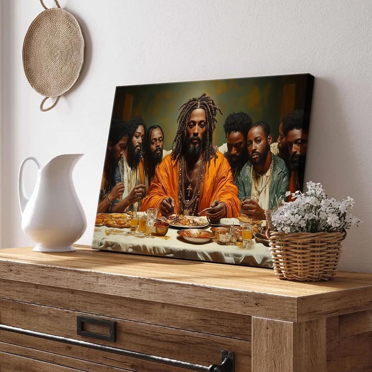 Regine Switzerland Modern Black Jesus Canvas Wall Art - The Last Supper Painting | 12x16in Christian Decor for Home
