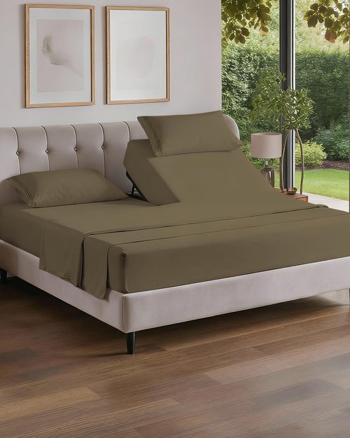 Flex Top Split Head King 4 Piece Sheet Set - Comfy Breathable & Cooling Bed Sheets Set - Hotel Luxury Bedding for Women, Men, Kids, Teens, Boys & Girls - Deep Pockets, Ultra-Soft - Oeko-Tex - Khaki