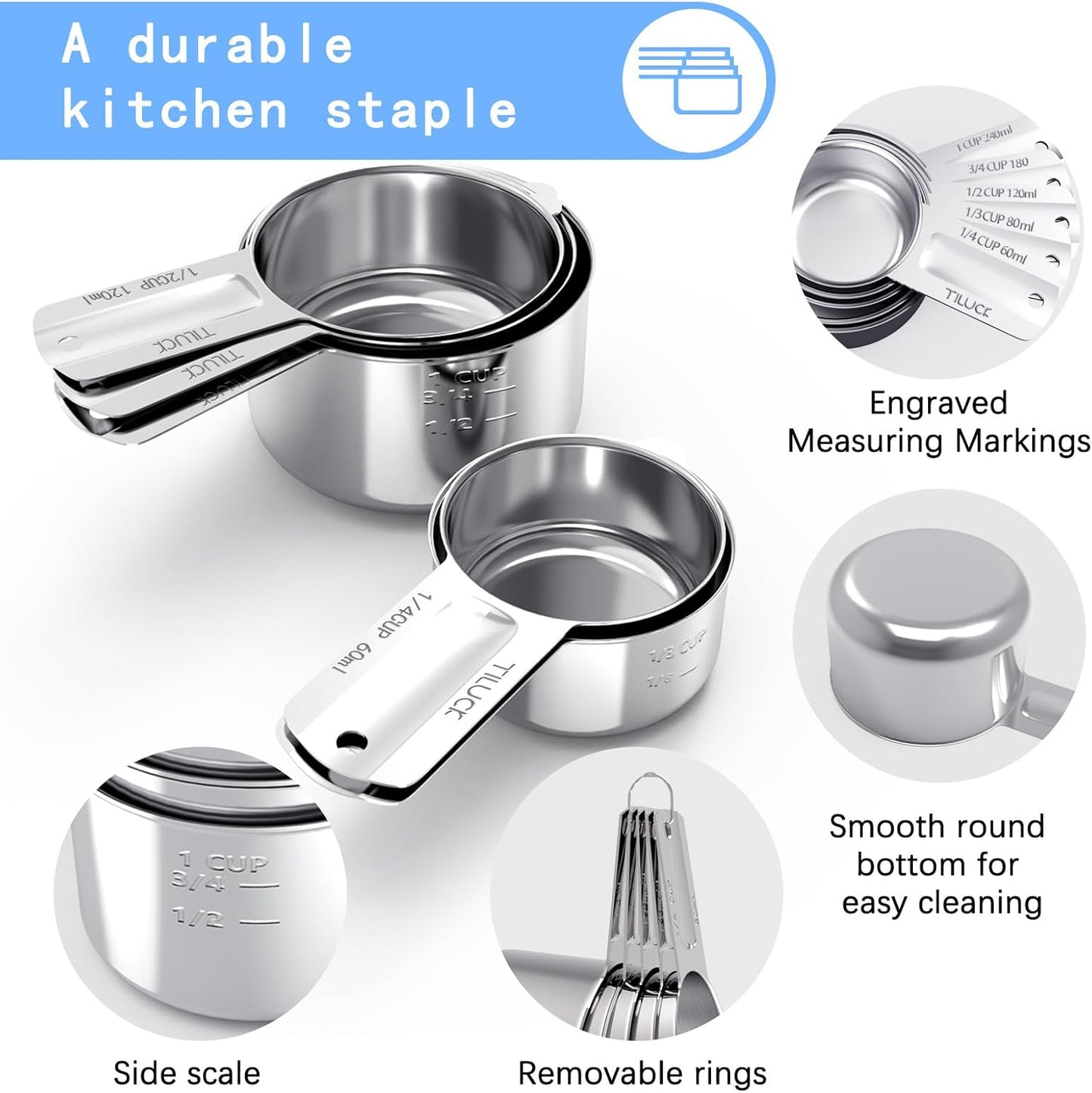 TILUCK Stainless Steel Measuring Cups Set - Essential Kitchen Gadgets for Cooking & Baking | Set of 5