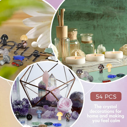 Nuenen Worry Stones Set - 54 Mushroom, Moon & Star Shaped Crystal Thumb Stones for Meditation | Elegant Decor