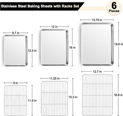 TeamFar Baking Sheet Set - 3 Stainless Steel Cookie Sheets with Racks | Non-Toxic, Heavy Duty, Dishwasher Safe, 19.6/16/12.5 Inch