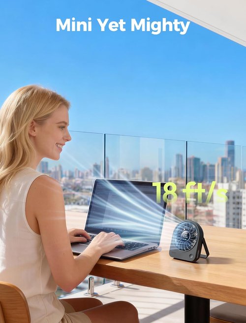 Aecooly Mini Portable Desk Fan - Quiet 4-Speed USB Fan with 180° Adjustable Angle | Rechargeable, Black
