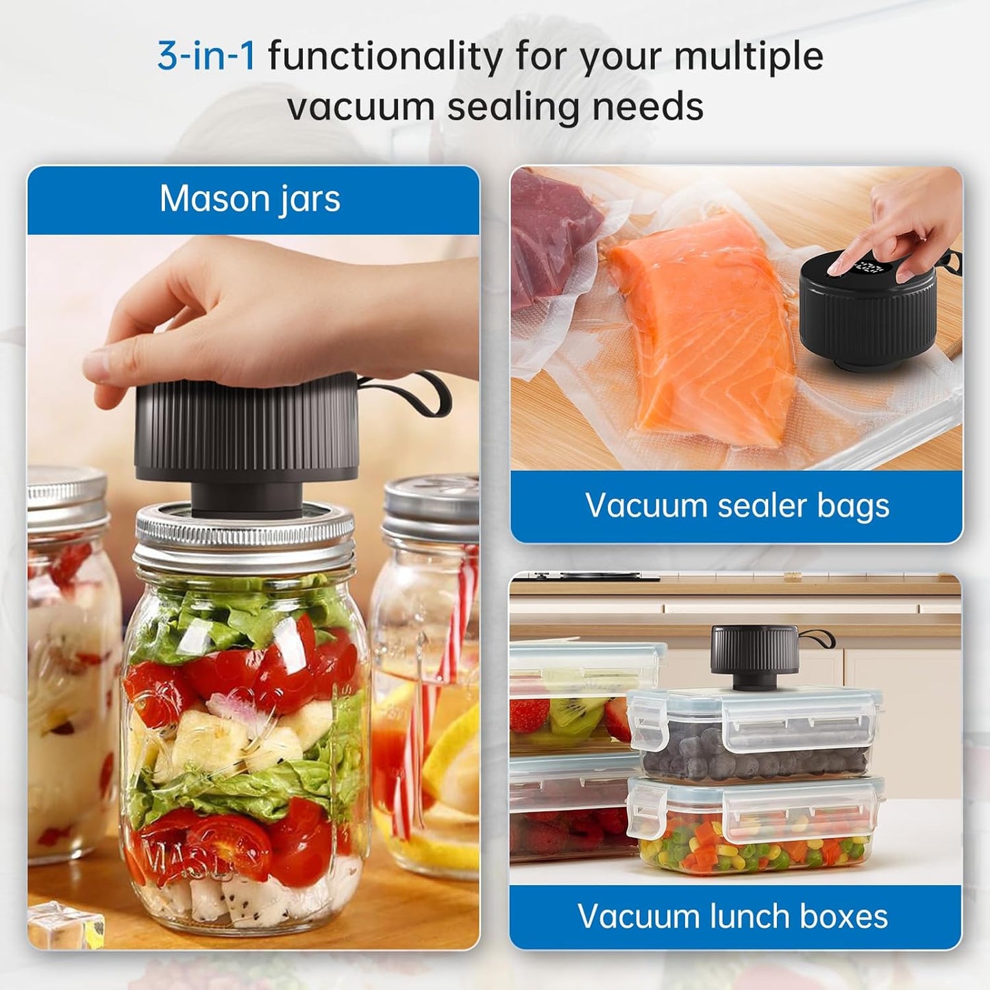 Skiennix Electric Mason Jar Vacuum Sealer Kit - 3-in-1 Handheld Automatic Food Saver | Ideal for Canning Jams, Pickles & Dry Foods | Black