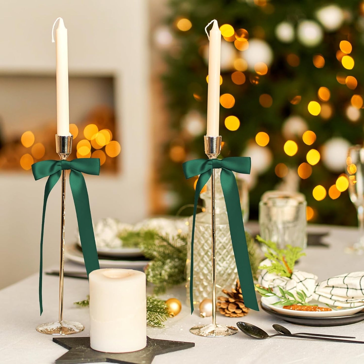 Skiennix 12 Pcs Hunter Green Satin Ribbon Bows - 10 Inch Decorative Gift Wrap & Candle Holder Accents