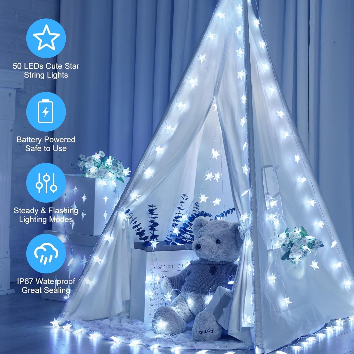 Minetom Star String Lights - 50 LED Waterproof Fairy Lights with Timer | 17 ft for Indoor & Outdoor Decor
