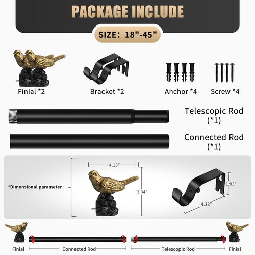KVEEO Vintage Black Curtain Rod 18 to 45 Inches Curtain Rods for Windows Adjustable Heavy Duty Drapery Rod with Gold Bird Finials for Kitchen Window Living Room