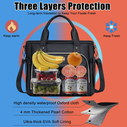 Weitars Insulated Lunch Bag - Leak-Proof Extra Large Tote with Removable Shoulder Strap & Side Pockets | Black