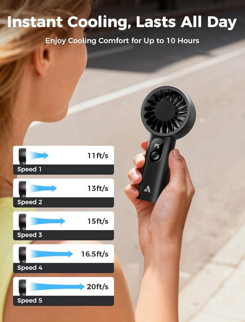 Aecooly Portable Handheld Fan - Powerful USB Rechargeable Mini Fan | 10H Max Cooling Time - Black