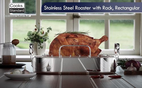 Cooks Standard Stainless Steel Roaster Pan - V-Shaped Rack, 15" x 12" for Perfect Turkey Roasting