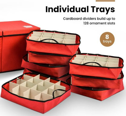 Holiday Cheer Premium Christmas Ornament Storage - 8 Tray Container with Dividers for 128 Ornaments