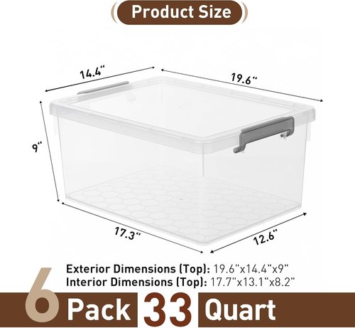 Citylife 33 QT Plastic Storage Bins - Clear Stackable Containers with Lids & Secure Latching Buckles