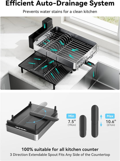 SUNLY Large Dish Drying Rack - Expandable 304 Stainless Steel Kitchen Drainer | Space-Saving Black Design