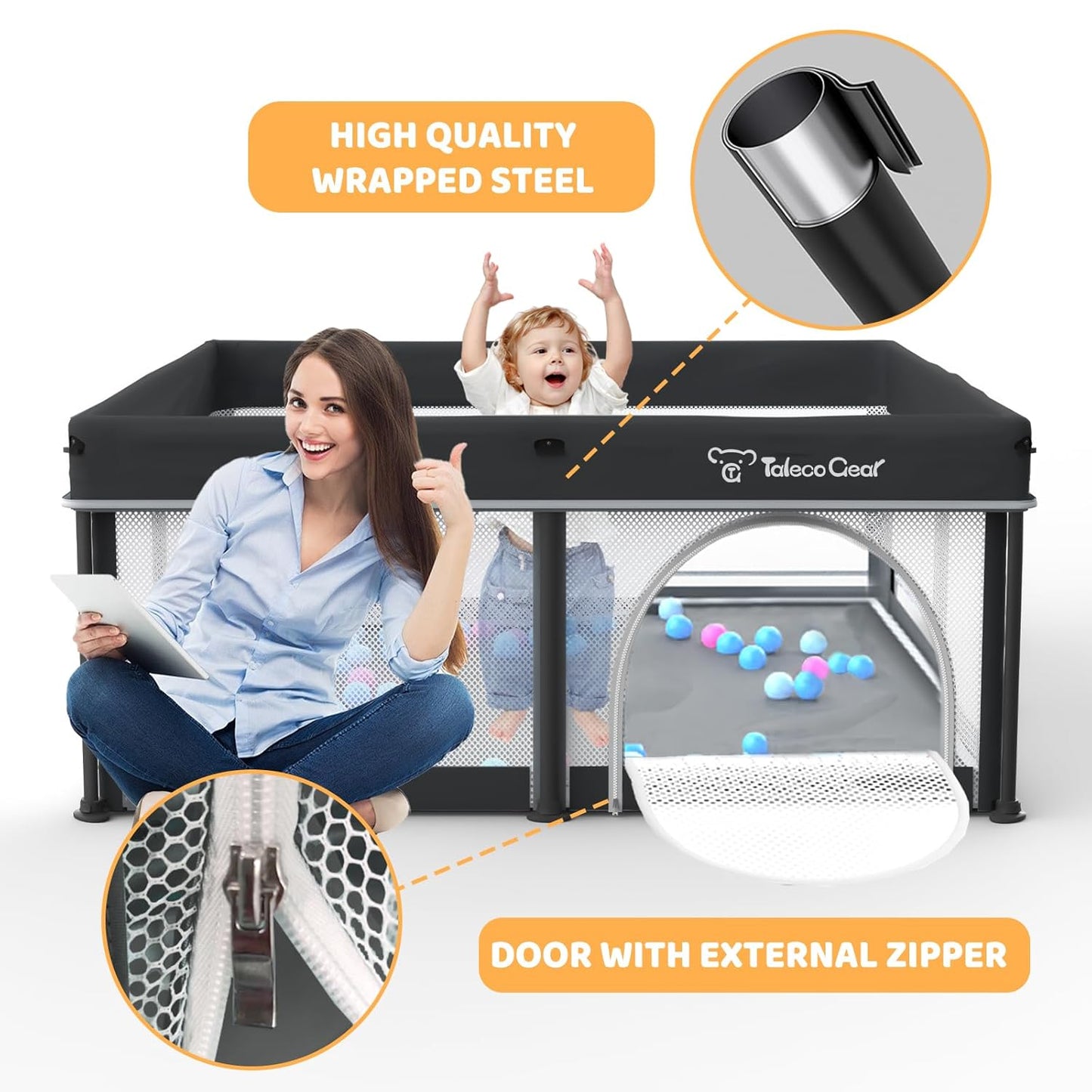 Taleco Gear Foldable Baby Play Pen - Breathable Travel Playpen with Mat & 50 Ocean Balls | 50''x50'' Size